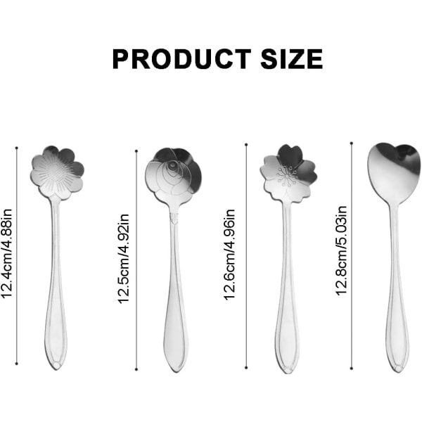 4-delt blomsterskje sett, dessertskjeer, kaffeskjeer, teskje