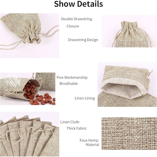 （10x15cm）50 stk Jutepose med snor Juteposer Gaveposer med snor, Lin Hemp Punger Stoffposer for Drage H