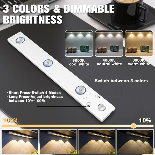 LED-skaplampe, bevegelsessensorlampe med 4 moduser I
