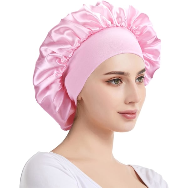 2 Stycken Satin Natthårshuva, Silke Natthårshuva, Satin Nattmössa, Natthårshuva för Kvinnor (Svart+Rosa)