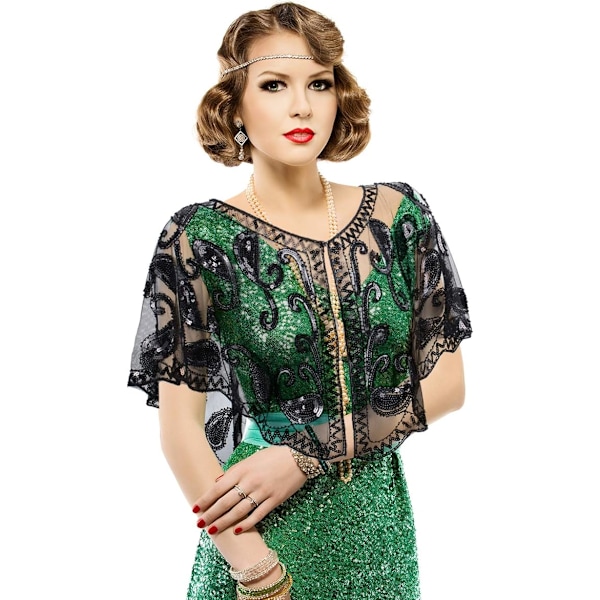 Kvinders 1920'er Sequin Sjal Wrap Bryllup Sjal Cover up Perlebesat Aften Kappe