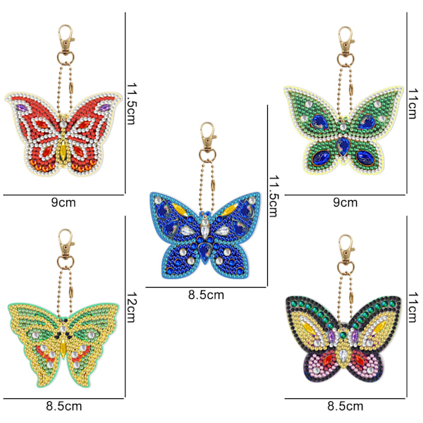 5 Stykker 5D DIY Butterfly Diamantmaleri Nøgleringe, DIY 5D Diamantkunstmaleri Diamantmaleri Nøglering Nøglering Pen M