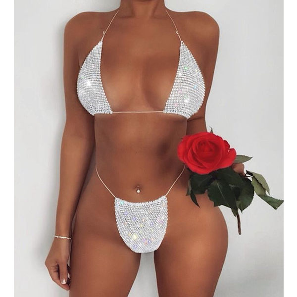 Krystall Mesh Bikini Sett Glitrende Topp med Underbukse Dress Fashion Rhinestone