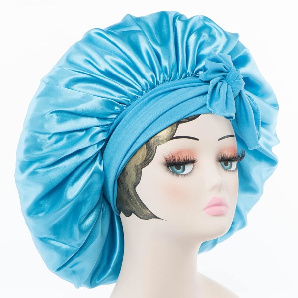 Satin Bonnet Silk Bonnet Hårbonet (L.blue) Jumbostorlek för Sle
