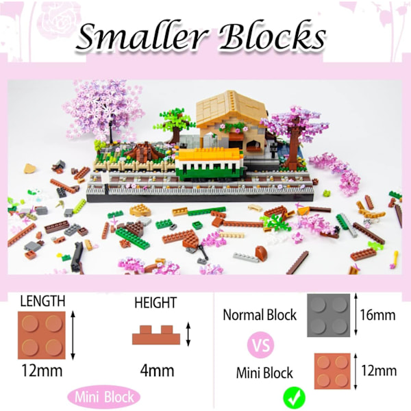 (3668 stk) Mini Byggeklosser for Japansk Kirsebærblomststasjon, Sakura Botanisk Samling for Voksne, 14+ Tenåringer U