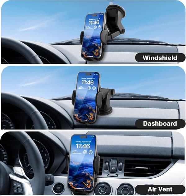 3-i-1 sugekopp telefonholder for frontrute/dashbord/luftventil, bilfester, bilinteriør