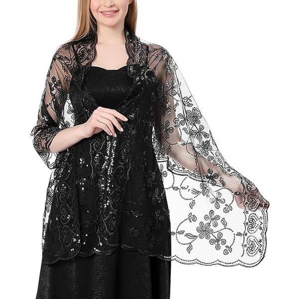 Sequin-besat blomsterkappe og sjal til aftenkjoler, kvinders glitrende gennemsigtige mesh bryllupskappe til aftenfester Black