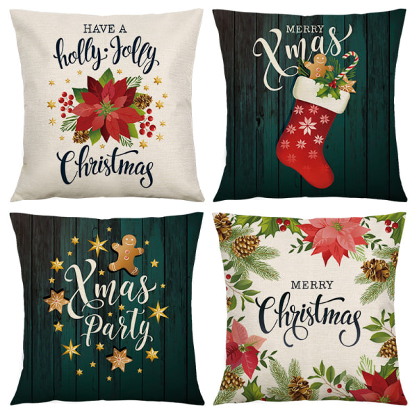 Christmas Pillowcase 45 x 45 cm, Set of 4 Linen Christmas Gingerbread Man Printed Square Cushion Cov