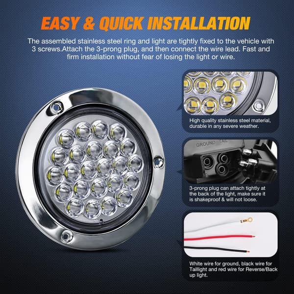 4” Runde Tilhenger Baklys 2 stk 24LED Hvit Rustfritt Stål Krom Bezel Vanntett Sikkerhetskopi Omvendt Baklys for