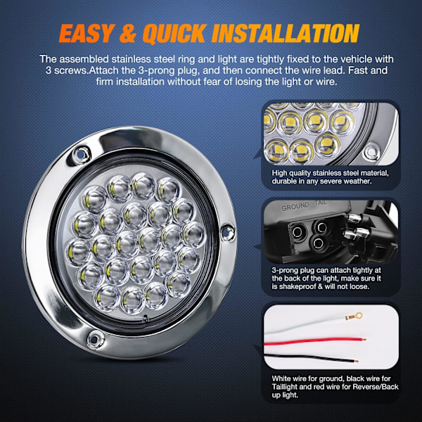4” Runde Trailer Baglygte 2 stk. 24LED Hvid Rustfrit Stål Krom Bezel Vandafvisende Backup Reverse Baglygter til