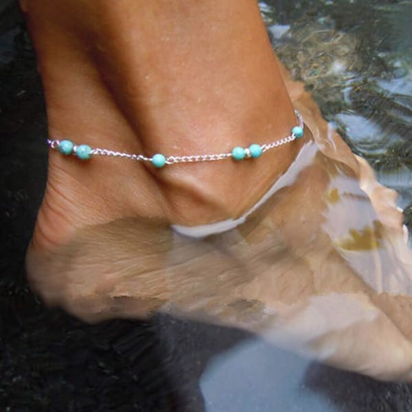 Pärl fotlänk Blå Silver fotlänk Kedja Strand fot smycken