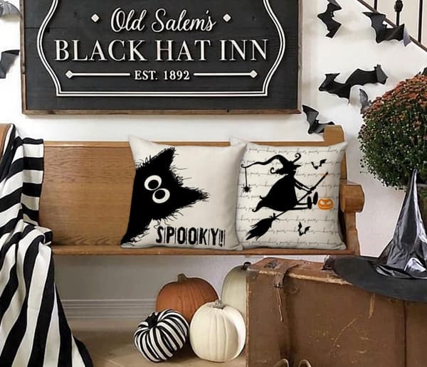4 stk. 45*45cm Halloween græskar heks landejendom kat boo spøgelse udendørs sort efterår puder dekorative