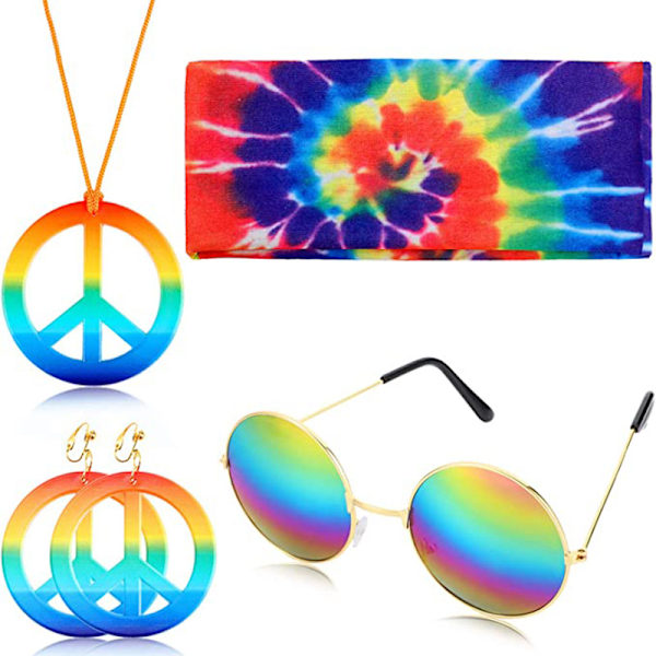 4-delad hippie-kostymset, glasögon, pannband, fredstecken, örhängen, halsband, tie dye, bandana, hej