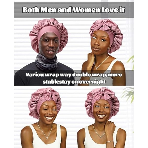 Satin Bonnet Siden Bonnet för Sovning Siden Nattmössa Dubbellager Hårmössa med Elastiskt Band för (Bean Paste + Pink)