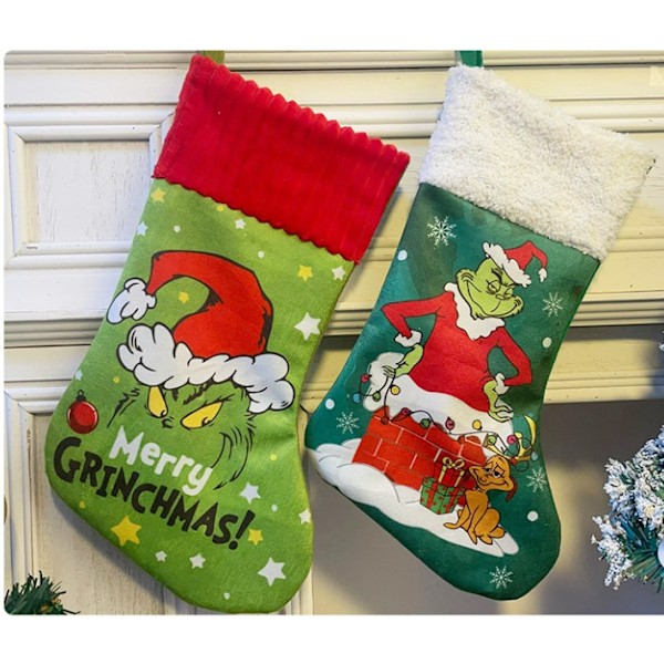 4-pack (35*20cm) Julstrumpor Grinchs Julgodispåse Presenter Strumpor Hängande Spisstrumpor Julgåva Strumpor för Ch