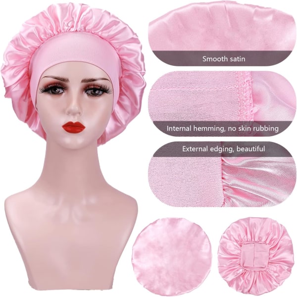 2 Stycken Satin Natthårshuva, Silke Natthårshuva, Satin Nattmössa, Natthårshuva för Kvinnor (Svart+Rosa)