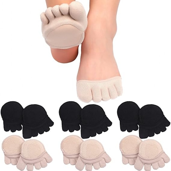 6 par tåstrømper (3 par beige + 3 par sorte) No Show Liner Socks til kvinder Finger Half Socks B