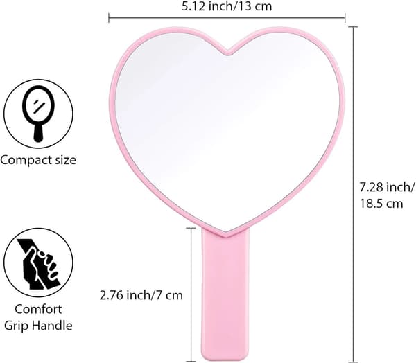 2 stk hjerteformede håndspeil, lett å bære, sminke, hår og skjønnhet, rosa og lilla