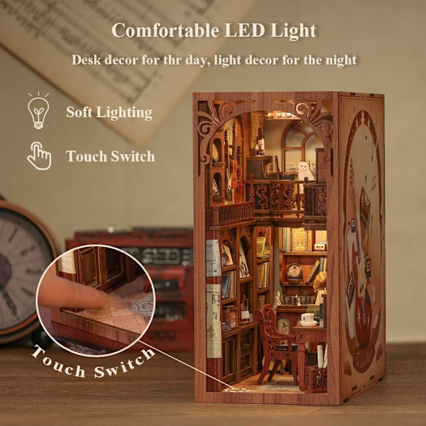 DIY Bokhörna Kit med skyddande lock Miniatyrdockhus Kit med LED-ljus, Trä 3D-pussel, Mo