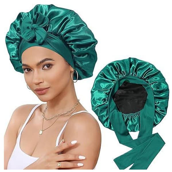 Satin Bonnet Silke Bonnet til Søvn Silke Nathætte Dobbelt Lag Hår Bonnet med Elastisk Bånd til (Dark Green+black)