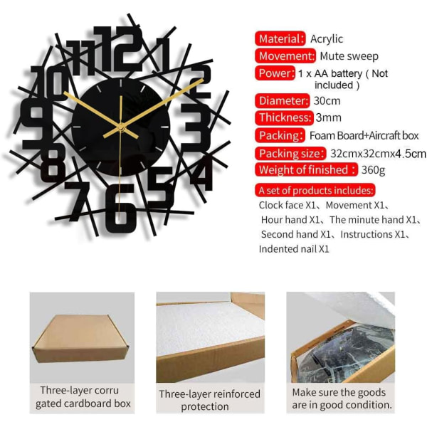 Svart rund väggklocka DIY tyst modern design väggklockor lämplig för sovrum vardagsrum kontor konstdekoration