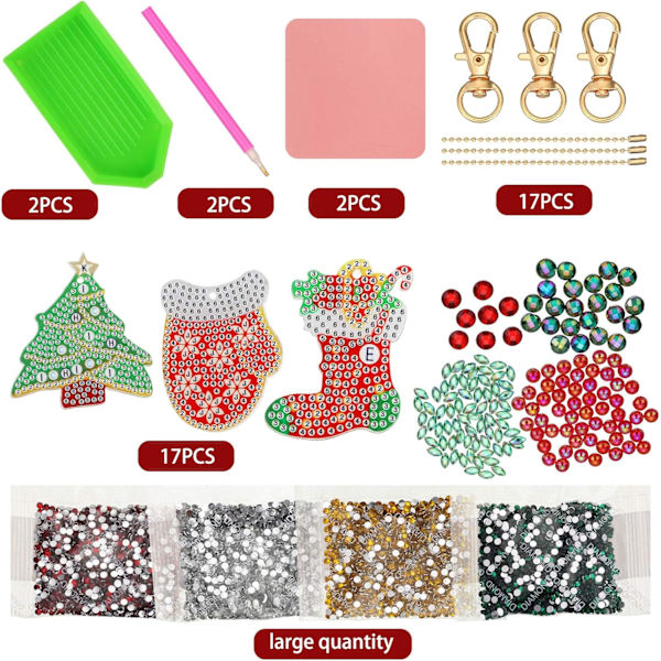 17 Stykker Dobbeltsidede Julediamantkunstpynt Diamantmaleri Nøgleringe, DIY 5d Maleri, Julekryst C