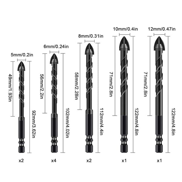 10 stk 5-12 mm fliser og glassbor, multifunksjonelle wolframkarbidb