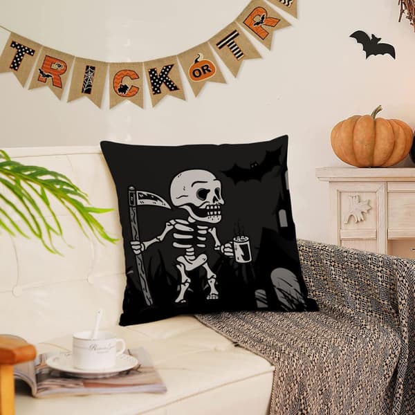 Sæt med 4 sorte Halloween dekorative pyntepuder Skelet spøgelse pudebetræk 45*45cm