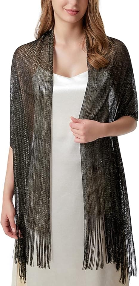 Sort Dame Tassel Sjal til Aften, Fest, Bryllup med Trykknapper