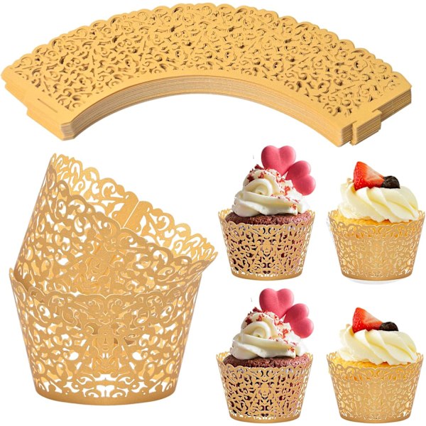 100 Pieces Paper Cupcake Wrappers (Gold), Lace Cupcake Wrappers, Cupcake Toppers Decorating Cupcakes, Muffins, Cake