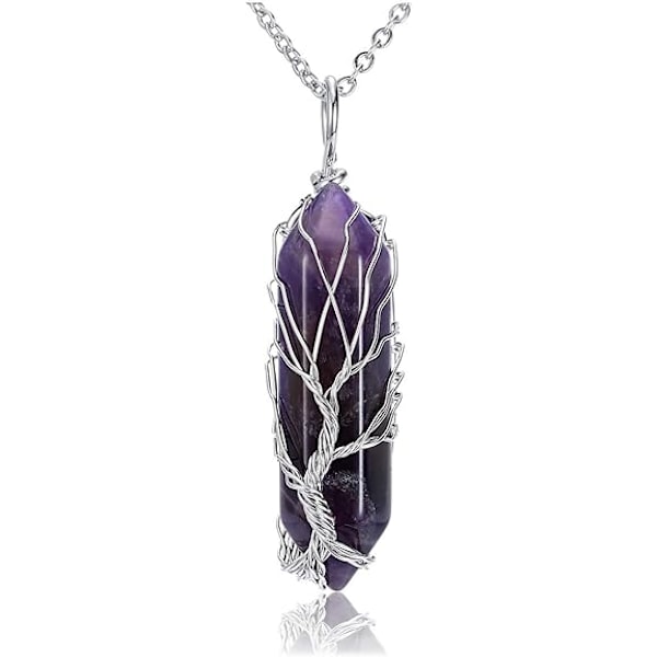 Ametist Naturlig Läkande Kristallsten Halsband Silver Tree Life Wire Wrapped Hexagonal Crystal Poin