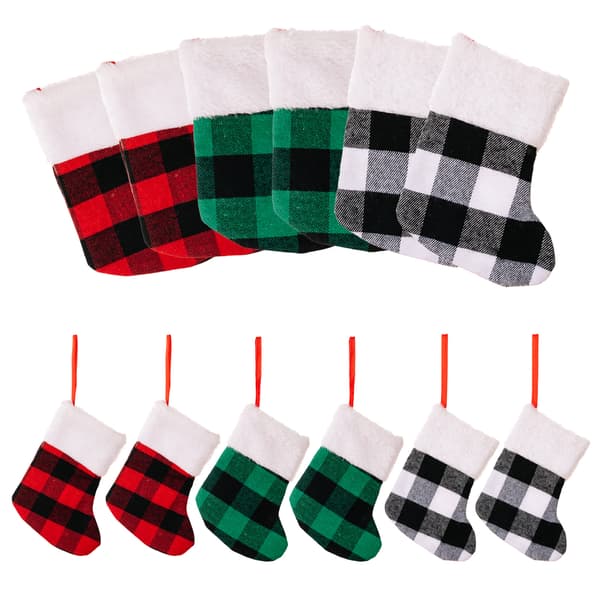 (grøn) 12 Pak Dobbeltsidede Hvide og Sorte Buffalo Plaid Mini Jule Strømper med Plys Bagside til Jul