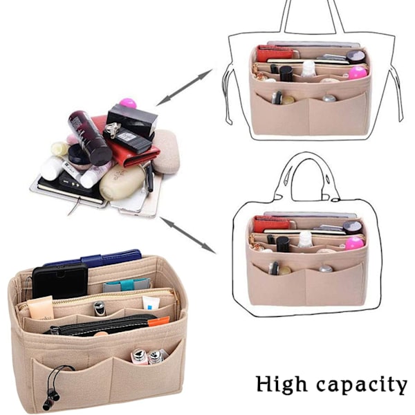 Filtet Pung Organizer, Kvinders Håndtaske i Indre Opbevaringspose med Lynlåspose (Beige) C