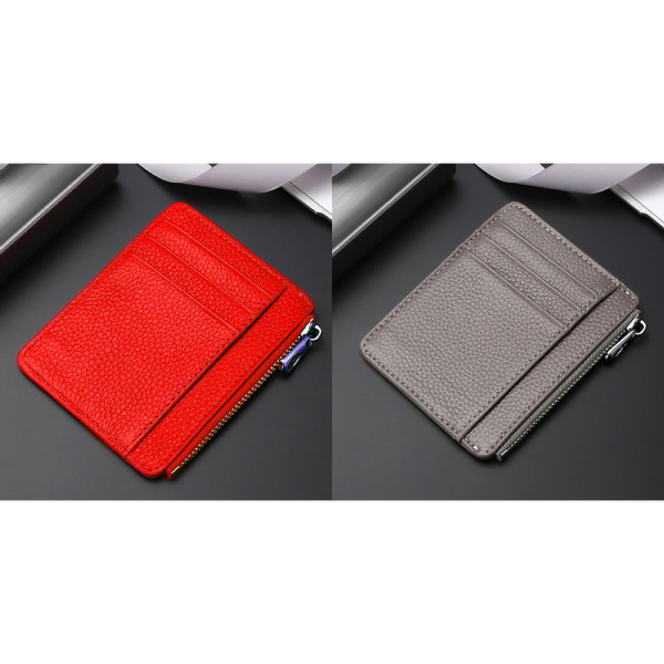 (Röd + Grå) Smal korthållare Plånbok RFID-blockerande läderdragkedja