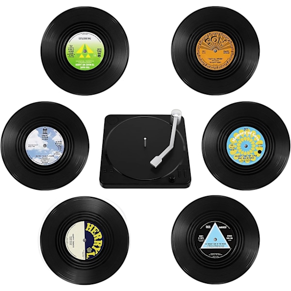 10,5 x 10,5 x 0,2 cm vinyylialusetit, 6 kappaleen CD-retroalusetit juomille, vinyylialusetit telineellä, liukumaton