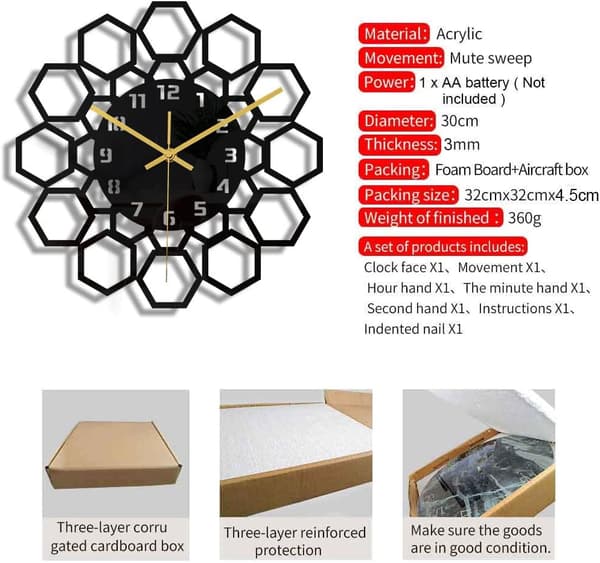 （hexagon）Svart rund ram väggklocka DIY Tyst modern design väggklockor lämplig för sovrum vardagsrum kontor konst D
