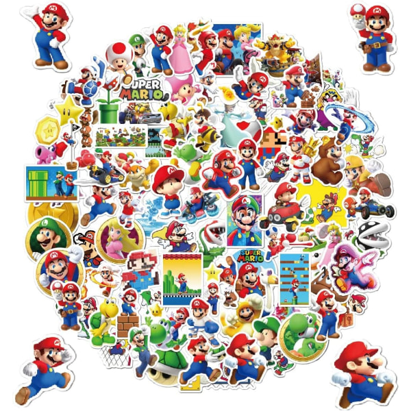 100 stk Mario Bros klistremerke sett, Super Mario vinyl vanntett klistremerke, dekorasjonsklistremerke for sykkel