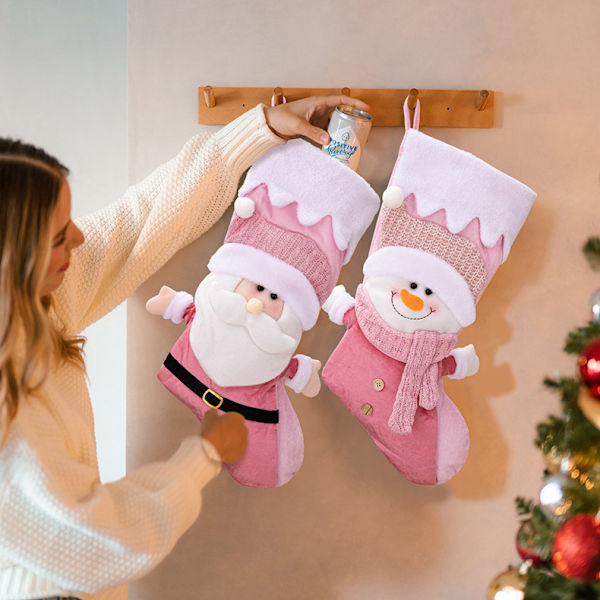 2 kpl Pinkki Lumimies Joululahjasukat, Riippuva Joulupukki Lasten Lahjapussi Sukat