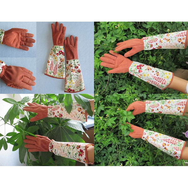 Tornebestandige Havehandsker i Læder, Blomsterprint Manschetter, Lang Underarmsbeskyttelse, til Kvinder Havebeskæringshandsker A