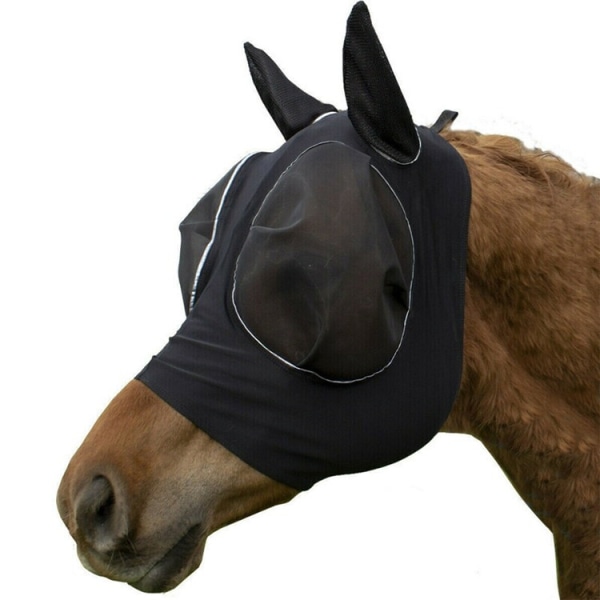 Horse Fly Mask (Blqck) - Mesh Eyes and Ears, Breathable Fabric, UV Protecti