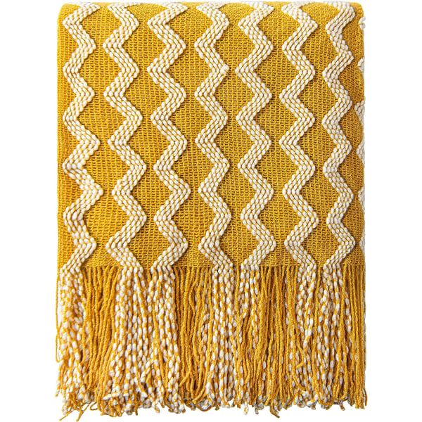 Acrylic Knitted Throw Blanket, 51x90 Inches, Mustard Yellow Wave,