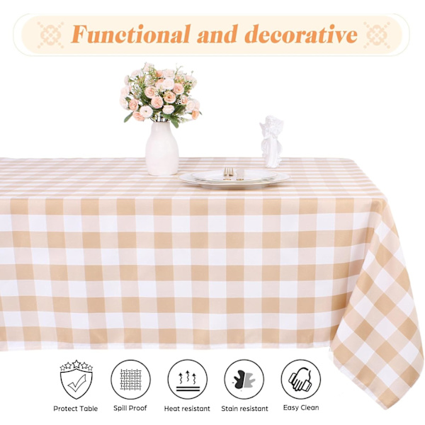 Lyse kaffefarvede gingham-duge i polyester 140x140cm, firkantet ternet dug, spildsikker og rynkefri