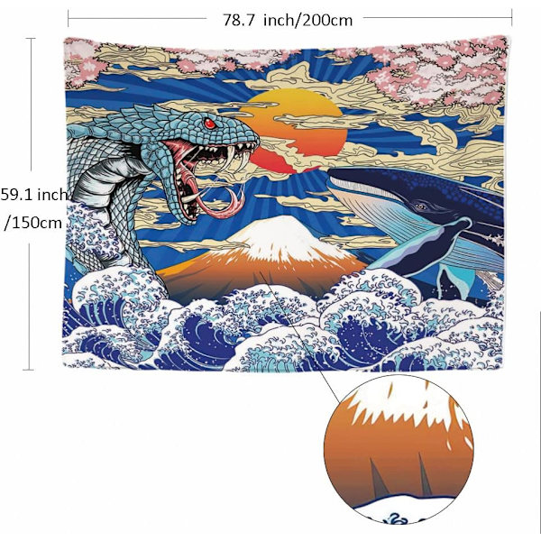 Hval Slange Kunst Japan - Vægophæng - 200x150 cm - Stort Tapet