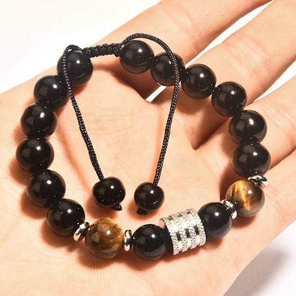 2PCS Rustfrit stål Tiger Eye sort blank sten herre armbånd