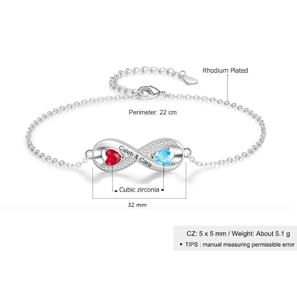 Personligt damarmband i silver, justerbart hjärta/oändlighetsarmband med gravyr av förnamn
