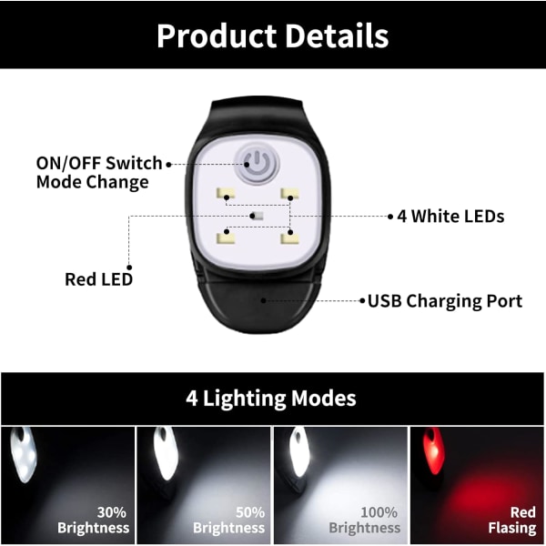 Clip-on løbelys, 2 stk. USB genopladelig LED pandelampe,