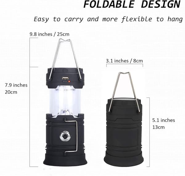 Sort Solcelle/USB Genopladelig LED-Lanterne, Kraftfuld Campinglampe G