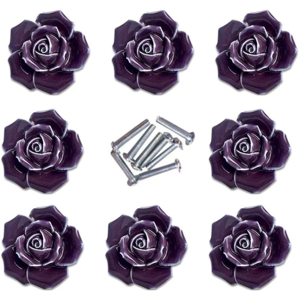 8Pcs Elegant Purple Rose Pulls Flower Ceramic Cabinet Knobs Cupbo