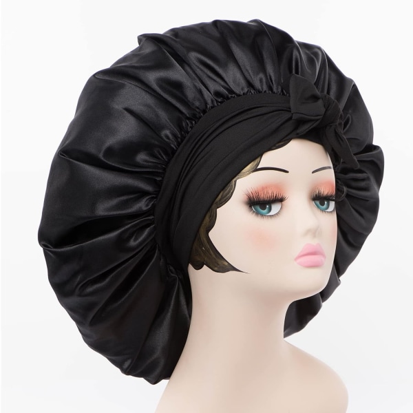 Satin Bonnet Silk Bonnet Hårbonet (svart) Jumbo storlek för Slee