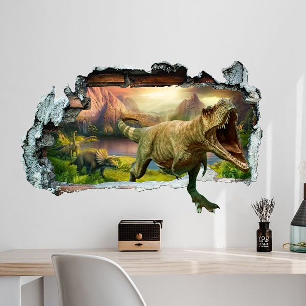 3D dinosaurie väggdekaler bryter igenom stora dino djungel dinosaurie väggdekaler baby pojke barn sovrum